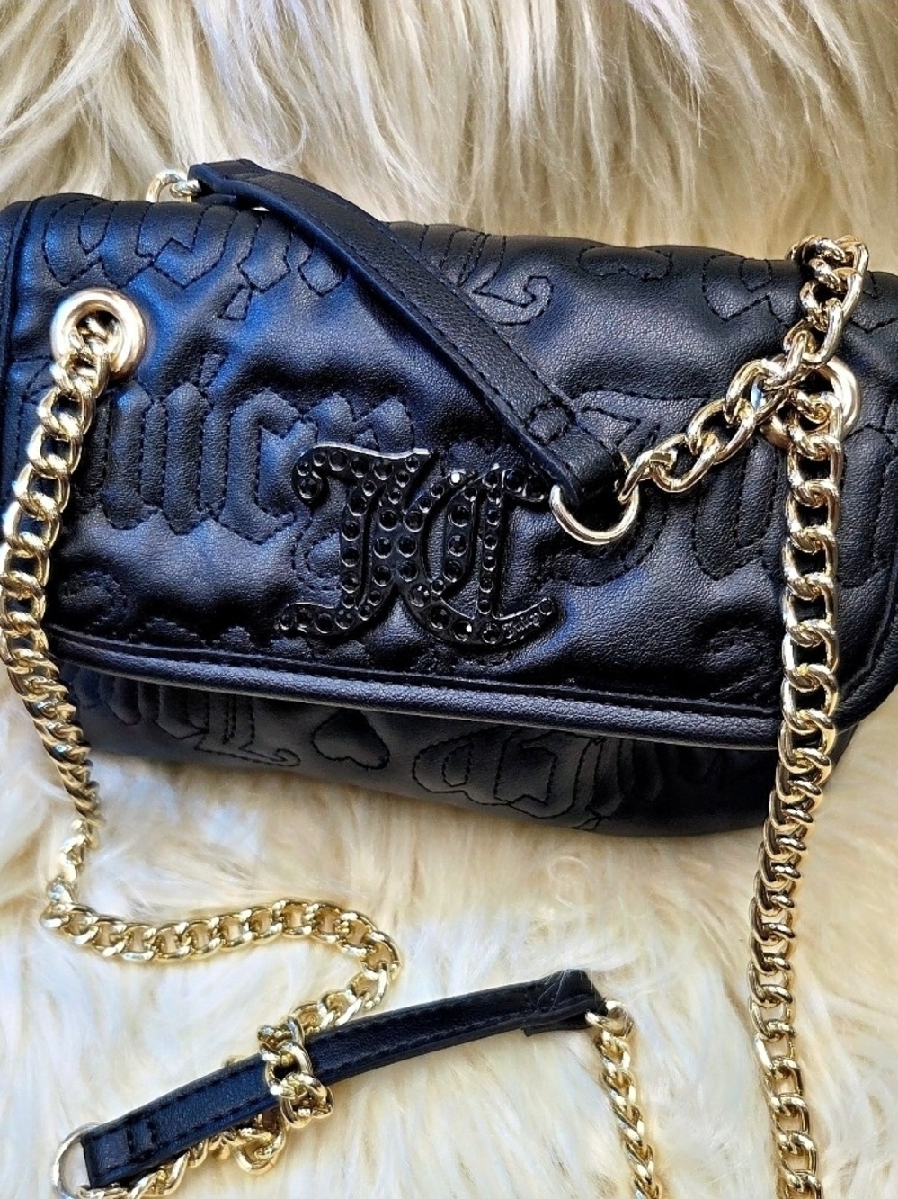 Black Quilted Leather Juicy Couture Shoulder Bag with Gold Chain